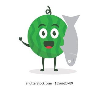 Kawaii vector illustration character cartoon cute watermelon mascot holding catch fresh dead fish in white background modern flat design brand
