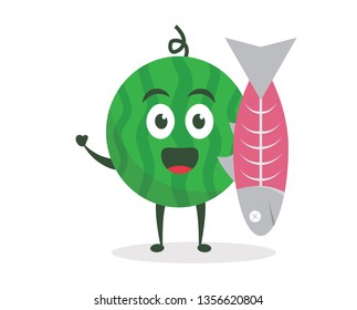 Kawaii vector illustration character cartoon cute watermelon mascot holding catch fresh dead fish in white background modern flat design brand