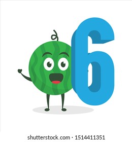 Kawaii vector illustration character cartoon cute watermelon mascot holding number 6 in white background modern flat design brand