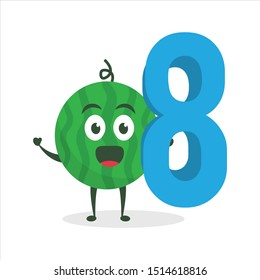 Kawaii vector illustration character cartoon cute watermelon mascot holding number eight in white background modern flat design brand
