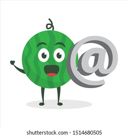 Kawaii vector illustration character cartoon cute green watermelon mascot holding email symbol in white background modern flat design brand