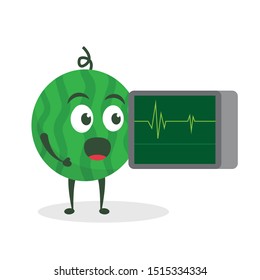 Kawaii vector illustration character cartoon cute green watermelon mascot holding heart rate monitor ecg in white background modern flat design brand