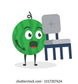 Kawaii vector illustration character cartoon cute green watermelon mascot holding seat and sit in white background modern flat design brand