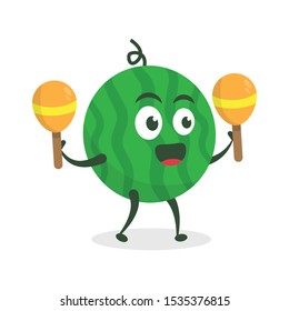 Kawaii vector illustration character cartoon cute watermelon mascot holding 
play maracas music marching band in white background modern flat design brand