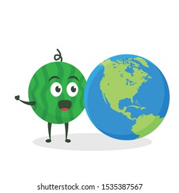Kawaii vector illustration character cartoon cute watermelon mascot holding big world planet in white background modern flat design brand