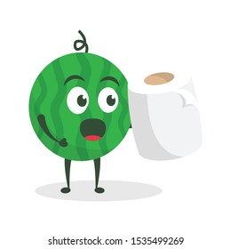 Kawaii vector illustration character cartoon cute watermelon mascot holding roll of tissue in white background modern flat design brand