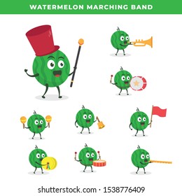 Kawaii vector illustration character cartoon cute watermelon mascot play group team marching band parade music in white background modern flat design brand