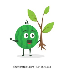 Kawaii vector illustration character cartoon cute watermelon mascot holding tree seed go green in white background modern flat design brand