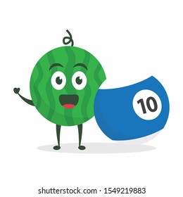 Kawaii vector illustration character cartoon cute watermelon mascot holding number 10 blue strip billiard ball in white background modern flat design brand
