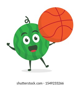 Kawaii vector illustration character cartoon cute watermelon mascot holding basketball ball sport in white background modern flat design brand