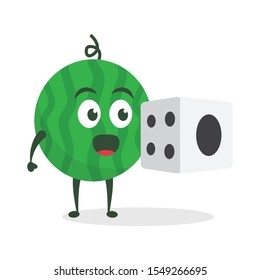 Kawaii vector illustration character cartoon cute watermelon mascot holding dice in white background modern flat design brand