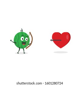 Kawaii vector illustration character cartoon cute watermelon mascot holding arrown bow shot love icon 3d target in white background modern flat design
