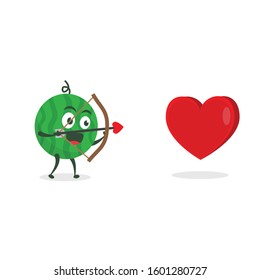 Kawaii vector illustration character cartoon cute watermelon mascot holding arrown bow shot love icon 3d target in white background modern flat design