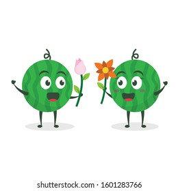 Kawaii vector illustration character cartoon cute watermelon mascot holding flower for love couple in white background modern flat design
