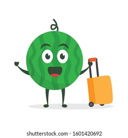 Kawaii vector illustration character cartoon cute watermelon mascot holding suitcase for holiday in white background modern flat design