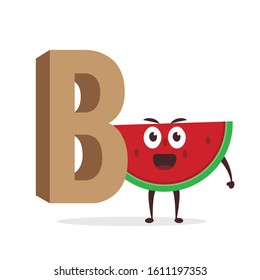 Kawaii vector illustration character cartoon cute watermelon mascot holding  alphabet letter B sign education in white background modern flat design brand