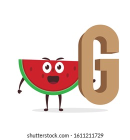 Kawaii vector illustration character cartoon cute watermelon mascot holding  alphabet letter G sign education in white background modern flat design brand