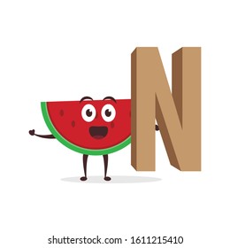 Kawaii vector illustration character cartoon cute watermelon mascot holding  alphabet letter N sign education in white background modern flat design brand