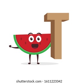 Kawaii vector illustration character cartoon cute watermelon mascot holding  alphabet letter T sign education in white background modern flat design brand