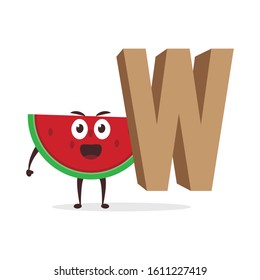 Kawaii vector illustration character cartoon cute watermelon mascot holding  alphabet letter W sign education in white background modern flat design brand