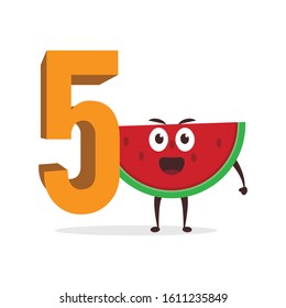 Kawaii vector illustration character cartoon cute watermelon mascot holding  Hold number 5 sign education in white background modern flat design brand