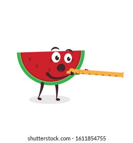 Kawaii vector illustration character cartoon cute fruit watermelon mascot holding music orchestra marching band in white background modern flat design brand
