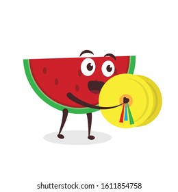 Kawaii vector illustration character cartoon cute fruit watermelon mascot holding music orchestra marching band in white background modern flat design brand