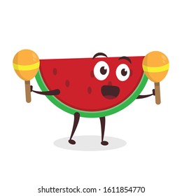 Kawaii vector illustration character cartoon cute fruit watermelon mascot holding music orchestra marching band in white background modern flat design brand