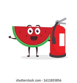 Kawaii vector illustration character cartoon cute fruit watermelon mascot holding fire extinguisher in white background modern flat design brand