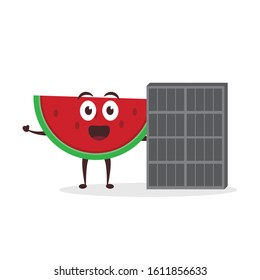 Kawaii vector illustration character cartoon cute fruit watermelon mascot holding solar panel eco in white background modern flat design brand