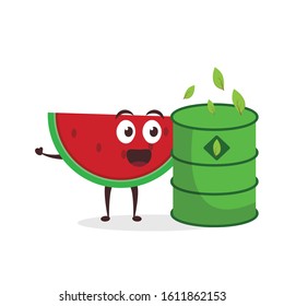 Kawaii vector illustration character cartoon cute fruit watermelon mascot holding green eco drum in white background modern flat design brand