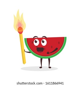 Kawaii vector illustration character cartoon cute fruit watermelon mascot holding lighter matches fire in white background modern flat design brand