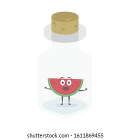 Kawaii vector illustration character cartoon cute fruit watermelon mascot inside the glass tube trap in white background modern flat design brand