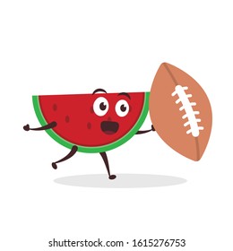 Kawaii vector illustration character cartoon cute fruit watermelon mascot holding American football ball with trolley market shopping cart in white background modern flat design brand