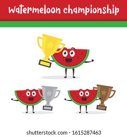Kawaii vector illustration character cartoon cute fruit watermelon mascot holding trophy first golden, second silver, third bronze trophy winner in white background modern flat design brand