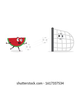 Kawaii vector illustration character cartoon cute fruit watermelon mascot holding soccer and playing football soccer goal in white background modern flat design brand