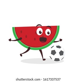 Kawaii vector illustration character cartoon cute fruit watermelon mascot holding soccer and playing football soccer goal in white background modern flat design brand