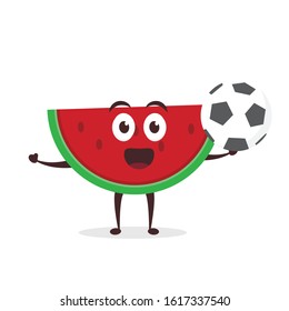Kawaii vector illustration character cartoon cute fruit watermelon mascot holding soccer and playing football soccer goal in white background modern flat design brand