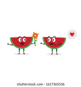 Kawaii vector illustration character cartoon cute fruit watermelon mascot holding flower love couple with bubble speech in white background modern flat design brand