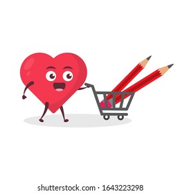Kawaii vector illustration character cartoon cute love icon 3d mascot holding  write pencil with trolley market shopping cart in white background modern flat design brand