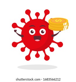 Kawaii vector illustration character cartoon cute red virus corona icon mascot holding coin golden dollar in white background modern flat design brand