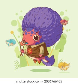 Kawaii vector illustration of cheerful axolotl with purple afro haircut wearing a shirt and sweater floating among algae and fish and eating sushi with chopsticks. Cute mascot. Square wall art, poster