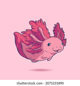 Kawaii Vektorgrafik von fröhlichen winzigen Axolotl. Faltenrosa Axolotl mit begeisterter Optik und großem Lächeln. Naturschutzmaskottchen. Square zoor or oceanarium wall Art, Poster