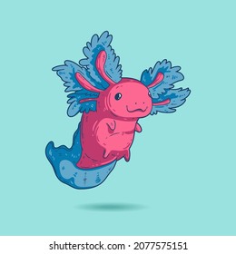 Kawaii vector illustration of cheerful tiny axolotl. Cute floating pink and blue axolotl with enthusiastic look and nice smile. Nature protection mascot. Square zoo or oceanarium wall art, poster