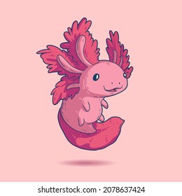 Kawaii vector illustration of cheerful tiny axolotl. Cute floating pink axolotl with enthusiastic look and nice smile. Nature protection mascot. Square zoo or oceanarium wall art, poster