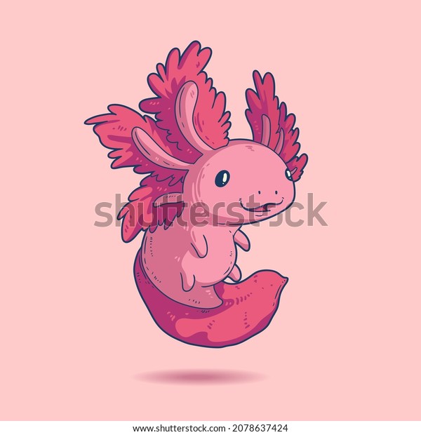 Kawaii\
vector illustration of cheerful tiny axolotl. Cute floating pink\
axolotl with enthusiastic look and nice smile. Nature protection\
mascot. Square zoo or oceanarium wall art,\
poster