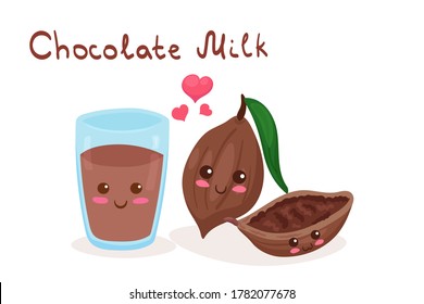 Kawaii vector illustration of Chocolate Milk in Glass and Cocoa Beans isolated on white background. Cute funny happy food characters. Cartoon smiling dairy product for kids menu. Breakfast design.