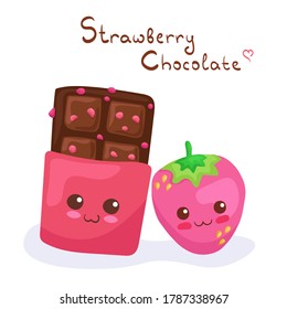 Kawaii vector illustration of Chocolate & Strawberry isolated on white background. Cute funny & happy food characters. Cartoon smiling chocolate bar with fruit filling & berry for menu with lettering.