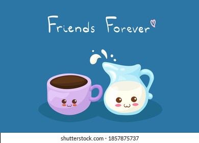 Kawaii vector illustration with cup of coffee & milk jug. Cute cartoon characters. Use for breakfast, kids menu, t-shirt print, card. Friends forever comic food concept. Adorable funny food elements.