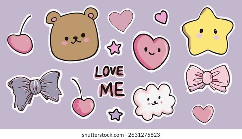 Kawaii vector illustration with cute animal faces, stars, hearts, cherries. Drawn in a playful cartoon style with pastel colors: pink, purple, yellow, and white.
